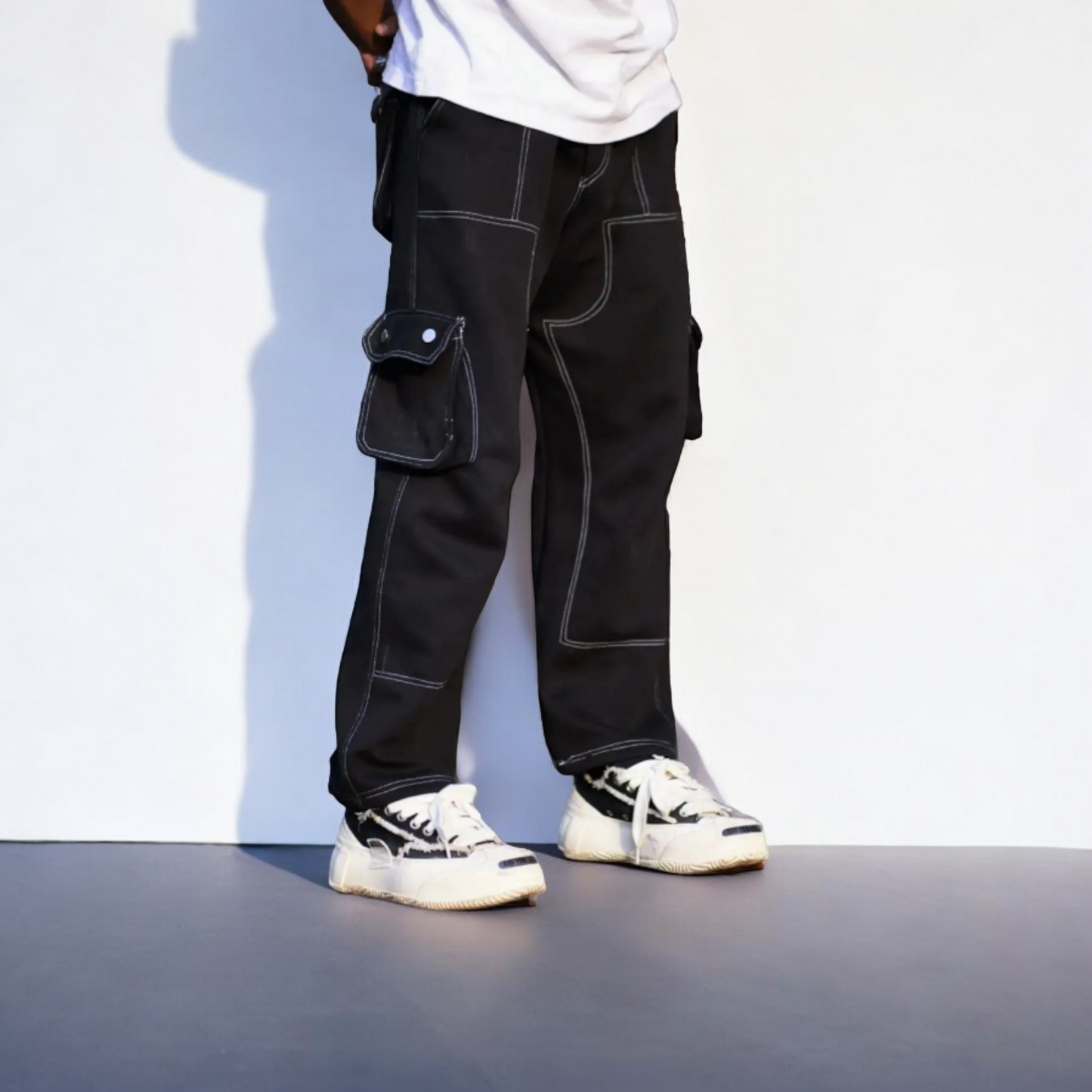 Baggy Track Pant Black Contrast Stitching Straight Aesthetic