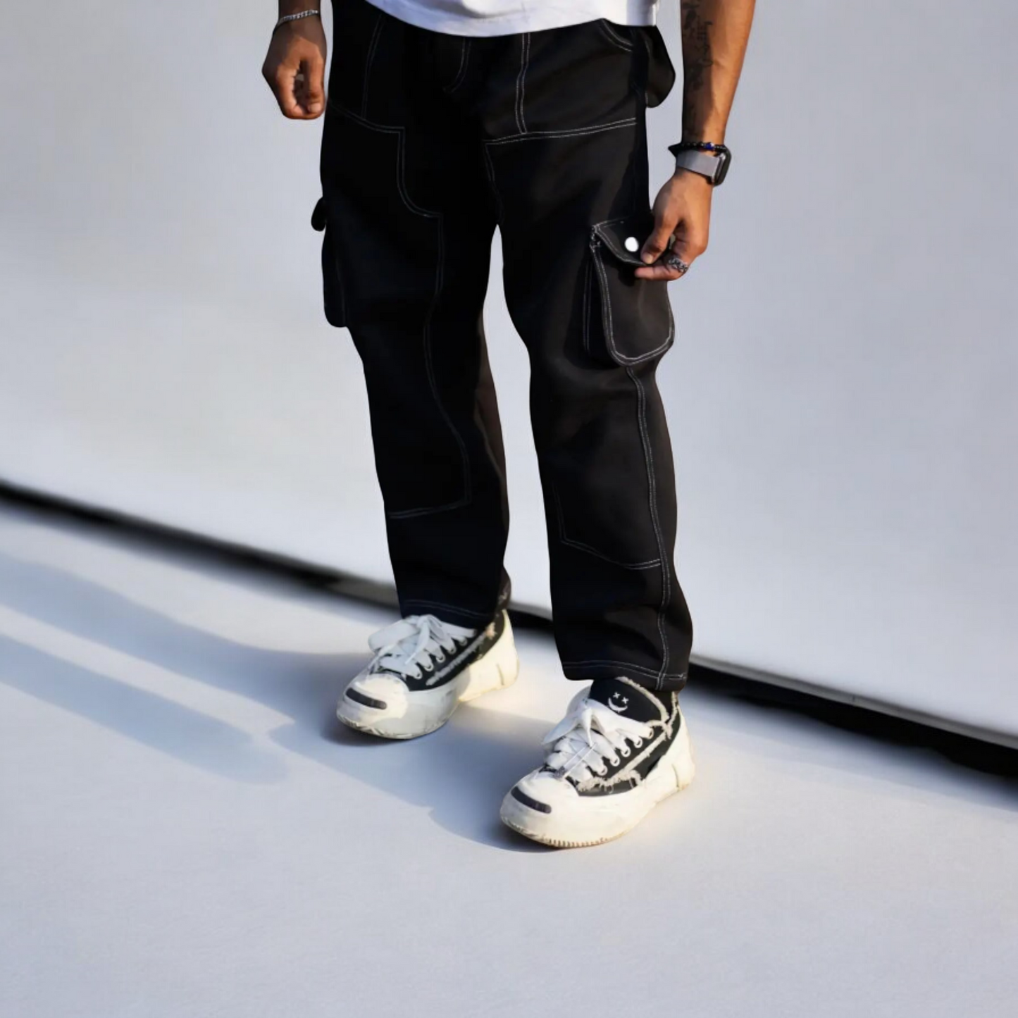 Baggy Track Pant Black Contrast Stitching Straight Aesthetic