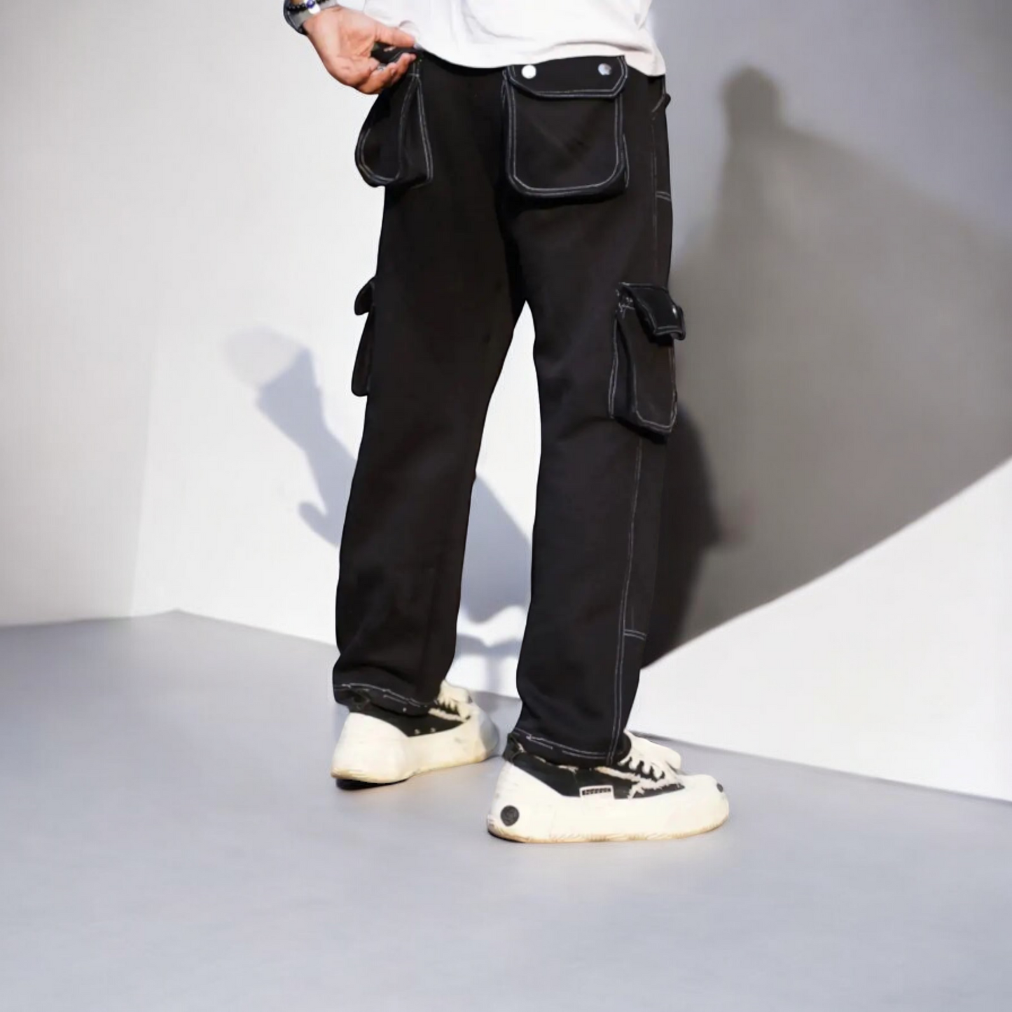 Baggy Track Pant Black Contrast Stitching Straight Aesthetic